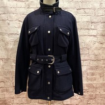 Tommy Hilfiger Y2K Navy Blue Wool Belted Lined Military Moto Coat Jacket Women M - £119.62 GBP