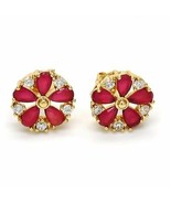 Brand New Stud Earrings~14K Gold Filled~Flower Style~Ruby &amp; White Sapphi... - £13.45 GBP