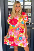 Pink Floral Print Bubble Short Sleeve Dress - $15.79
