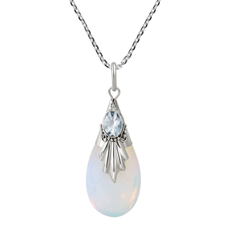 Classy Moonstone Teardrop Blue Sterling Silver Necklace - £11.19 GBP