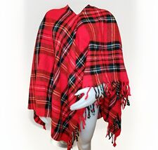 Fringed Poncho Red Tartan Plaid Wearable Stadium Blanket Washable Vtg 70... - $26.86