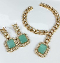 Gold Plated Indian CZ Bollywood Style Choke Kundan Necklace Emerald Jewelry Set - £150.10 GBP