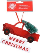Christmas Ornaments Red Pick-Up Trucks Carrying Trees w Loops &amp; Merry Christmas - £2.37 GBP