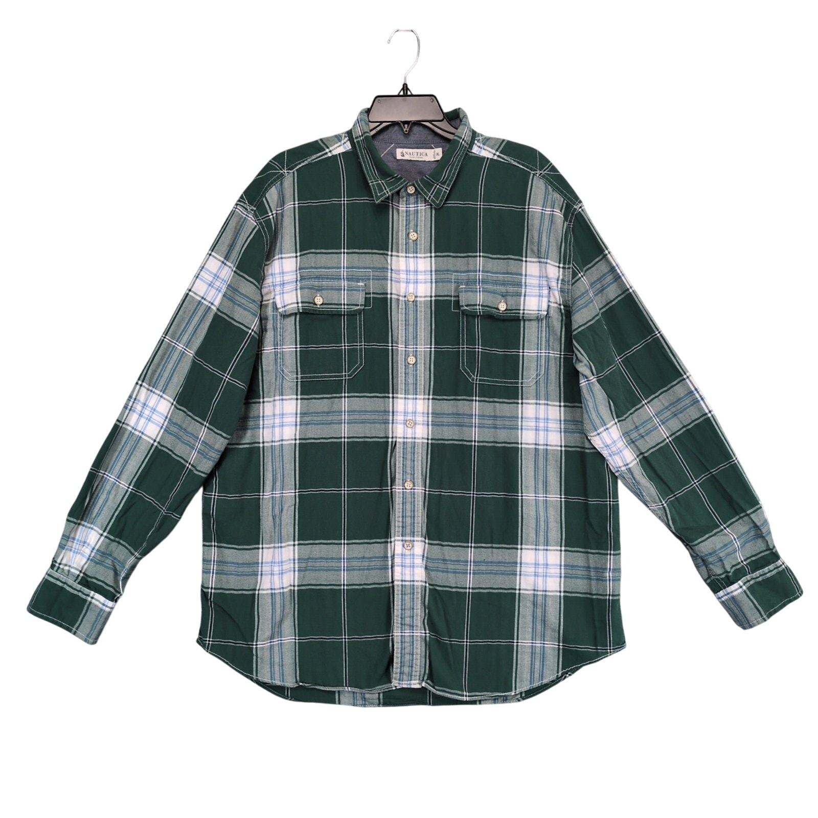 Vtg Y2K Nautica Heritage Men&#39;s XL Green Plaid Flannel Button Up Shirt Lo... - $22.00