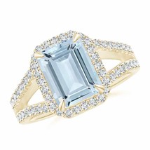 ANGARA Emerald-Cut Aquamarine Split Shank Halo Ring for Women in 14K Solid Gold - £1,834.91 GBP