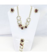 Gold Tone Chain Necklace With Faux Ruby Bracelet + Clip Earrings Estate ... - $32.13 CAD