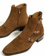 Men Triple Monk Buckle Strap Suede Leather High Ankle Side Zipper Boots ... - £125.33 GBP