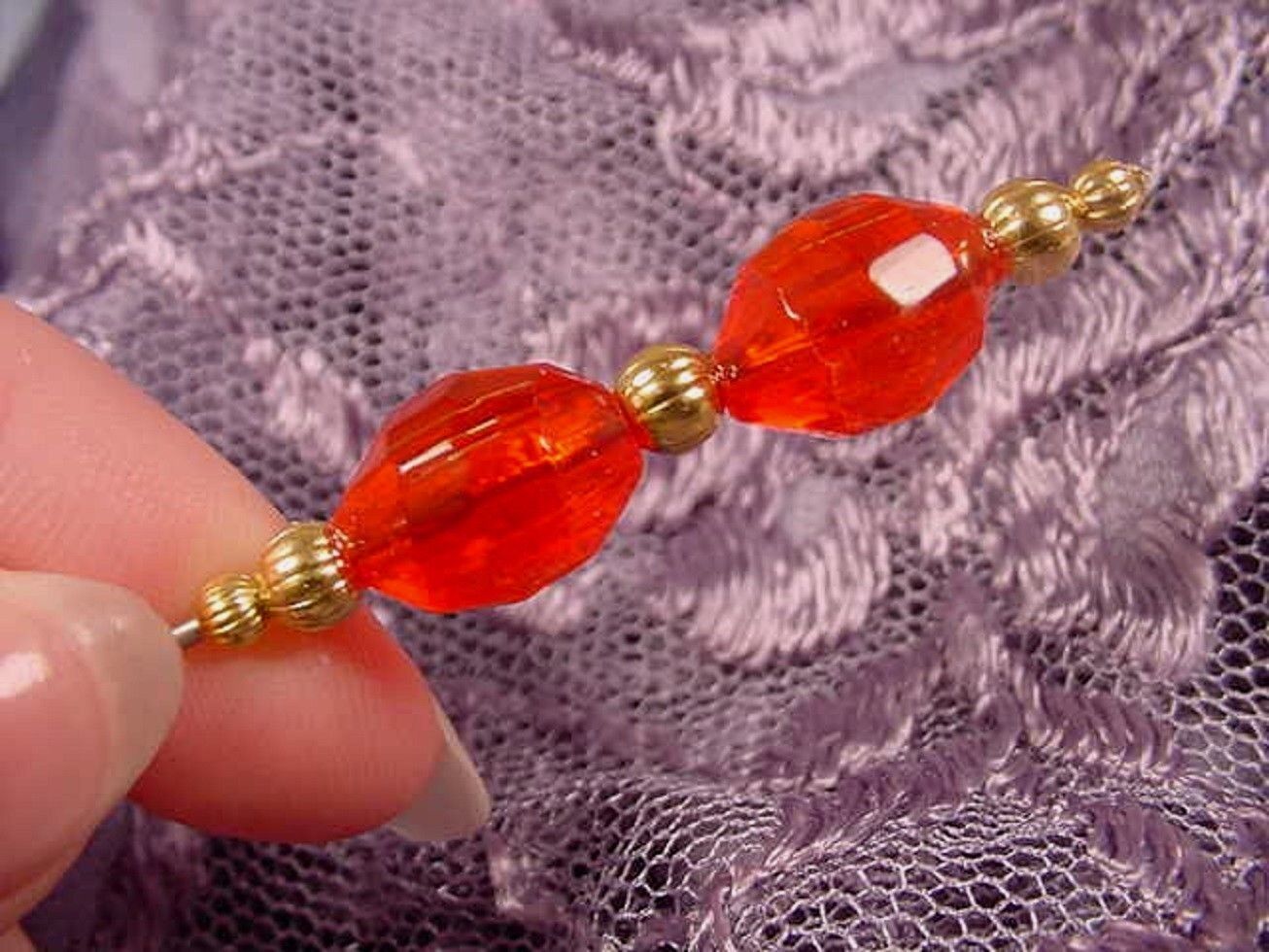 U65-D) faceted red 2 bead glass gold tone beaded hatpin Pin hat pins JEW... - $10.39