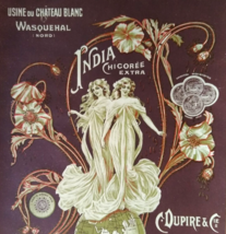 India Chicoree Extra Flower Label Artwork Art Nouveau Lady 1902 France C... - $40.50