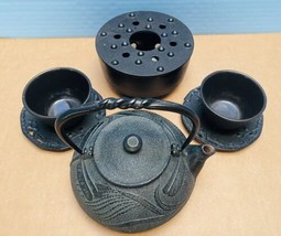 Japanese Cast Iron  Tea Set 8 Pieces Pot Burner Strainer  2 Cups Saucers Signed - £50.95 GBP