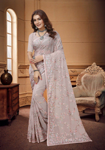 Designer Lavender Heavy Resham Embroidery Work Sari Georgette Party Wear Saree - £70.93 GBP