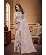 Designer Lavender Heavy Resham Embroidery Work Sari Georgette Party Wear... - £69.95 GBP