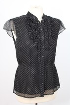 Kate Hill 6P Black Dot Ruffle-Front Silk Chiffon Cap Sleeve Top Shirt Blouse - £17.95 GBP