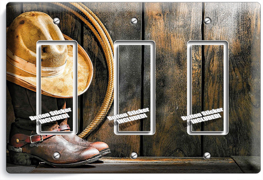 COWBOY BOOTS HAT LASSO RUSTIC COUNTRY 3 GANG GFCI LIGHT SWITCH PLATES ROOM DECOR