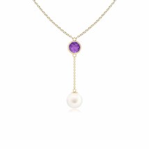 Freshwater Pearl &amp; Amethyst Lariat Necklace in 14K Yellow Gold (AA, Size- 8MM) - £210.03 GBP