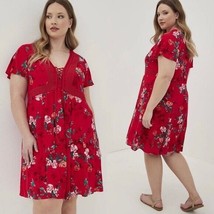 NWT Torrid Flutter Sleeve Lace-Up Skater Dress Gauze Floral Red Women Si... - $43.37