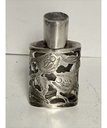 Miniature Silver Overlay PERFUME BOTTLE Floral Design Glass 2” Tall - $29.65
