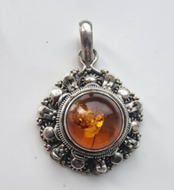 Vintage 925 Sterling Silver Real Baltic Amber Pendant - £32.95 GBP