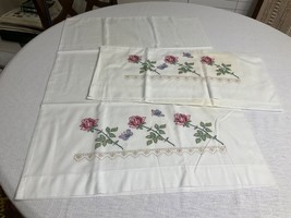 Vintage Pair Hand Cross-Stitched Embroidery Pillowcases Butterflies Roses 29x21 - £21.16 GBP