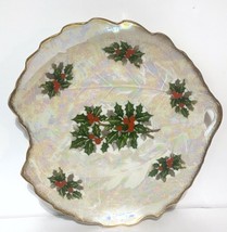 Vintage Ucagco Lusterware December Holly &amp; Berry Christmas Leaf Candy Dish 9” - £6.47 GBP