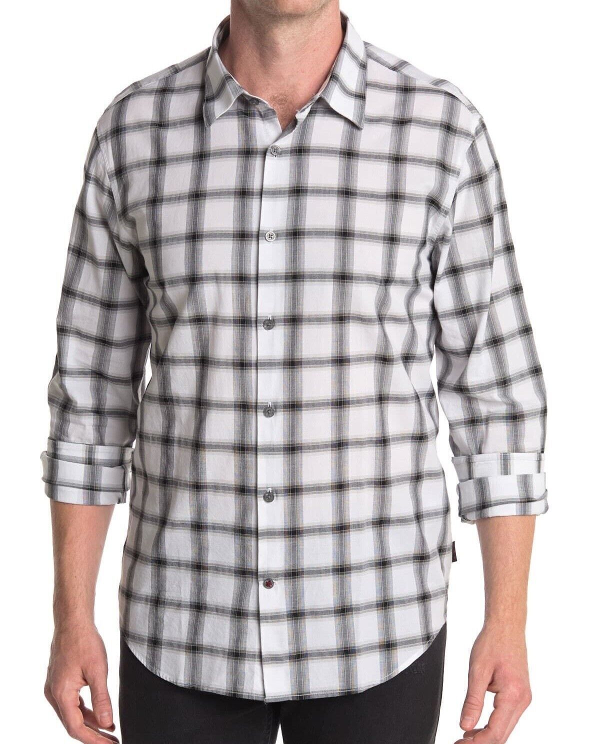 John Varvatos Clearance Men&#39;s Long Sleeve Windowpane Plaid Cotton Casual... - $25.00