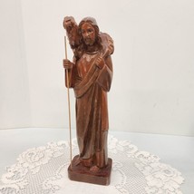 Hand Carved Wooden Jesus The Good Shephard Carrying Lost Lamb Sheep Statute 12&quot; - £26.43 GBP