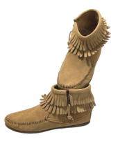 Minnetonka Suede Leather Boots Girl&#39;s 3 Tan Double Fringe Moccasin Rubber Sole - £30.06 GBP