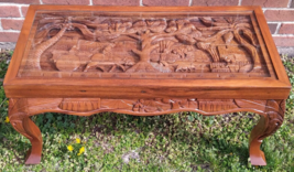 Hand Made Deep Relief Solid Teak Wood Asian Coffee Opium Table Glass Top Carve - £551.94 GBP