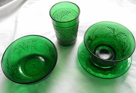 Vintage Anchor Hocking 4Pc Breakfast Set Forest Green Sandwich Glass 4 Oz Glass - £31.97 GBP