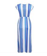 Sleeveless V-neck blue striped high waist shift maxi dress women&#39;s caual... - $30.80