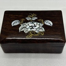 LACQUER TRINKET JEWELRY BOX - Brown With Mother of Pearl Inlay Red Felt ... - $18.49