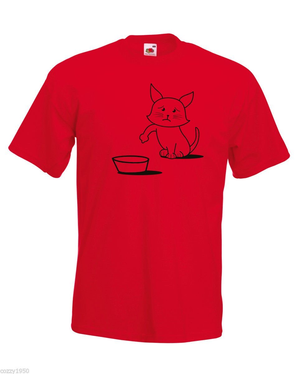 Mens T-Shirt Cute Hungry Cat Design, Sad Kitty Shirts, Asking to Eat Shirt - $24.74