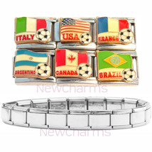6 Soccer Italian Charms &amp; Starter Bracelet - USA Italy France Canada ...... - £10.07 GBP