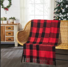 Farmhouse Christmas Red Black Buffalo Plaid Woven Cotton Fringed Throw Blanket - $33.90