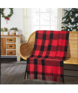 Farmhouse Christmas Red Black Buffalo Plaid Woven Cotton Fringed Throw B... - $33.90