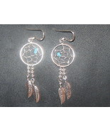 925 Sterling Silver Western Blue Turquoise Dreamcatcher Dangle Feather E... - £14.00 GBP