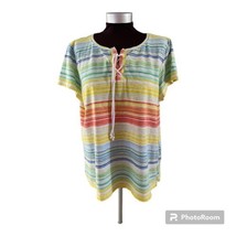 Talbots Shirt Womens XL Multicolor Striped Lace Up Short Sleeve Top Cott... - £13.11 GBP