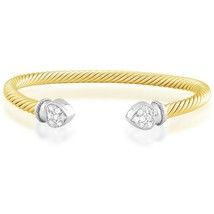 Gold Plated Sterling Silver Double Heart with Clear CZ Edges Rope Style Bangle - £145.16 GBP