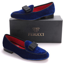 Handmade FERUCCI Men Plain Blue Velvet with Black Bow Slippers loafers Flat - $1,900.49 MXN
