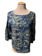 Tristan Embroidered Denim Scoop Neck 3/4 Sleeve Blouse Top Petite Small - £19.40 GBP
