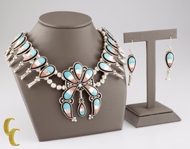 Sterling Silver Squash Blossom Necklace &amp; Earring Set Turquoise, Coral, MOP - £1,433.18 GBP