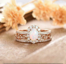 3CT Oval Simulated Opal &amp; Diamond Halo 925 Silver Gold Plated Trio Ring Set - £98.54 GBP