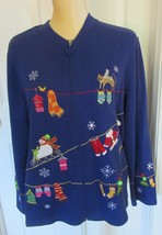 Onque Casuals Zip Cardigan Blue Sweater Snowman Christmas Theme size L - £8.05 GBP