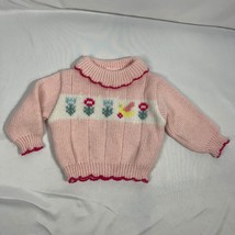 Vintage Sweater Baby Girl 12 Months Pink Floral Knit Sweater w Scalloped Trim - £14.57 GBP