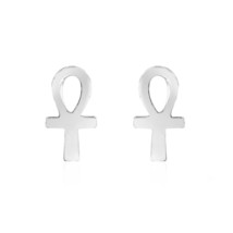 Egyptian Ankh Cross Stud Earrings in 14K White Gold Plated Silver Valentines Day - $20.00