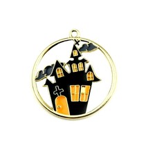 5 Gold Black Orange Halloween Haunted House Cut-out 22mm Flat Round Bead Charms - £4.00 GBP