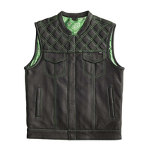 Men&#39;s Leather Black Vest W/ Green Paisley Lining &amp; Stitching Concealed W... - £55.06 GBP+