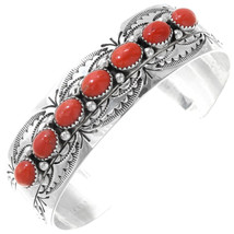 Native Style Navajo Sterling Silver Deep Red Coral Row Bracelet, Womens sz6-6.5 - £299.23 GBP+