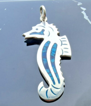 Vintage 925 Sterling Silver Seahorse Turquoise Inlay Mosaic Kinetic Pendant - £31.62 GBP