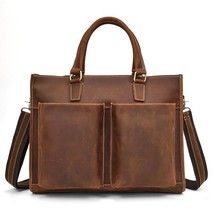 Crazy Horse Leather Briefcase 2022 New Mens Business Bag Retro Cowhide Handbag C - £170.65 GBP
